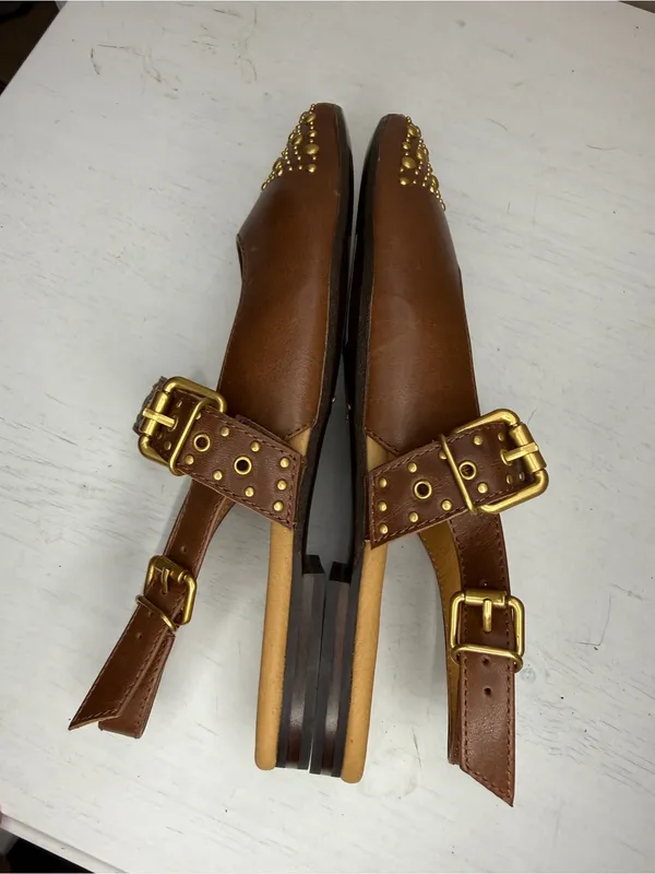 Frye HEATHER SLINGBACK STUDDED Flat Pointed gold & Walnut Leather - Image 10