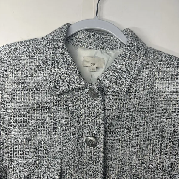 LOFT Womens Large Gray Tweed Cropped Jacket Short Sleeve Button Front - Image 7