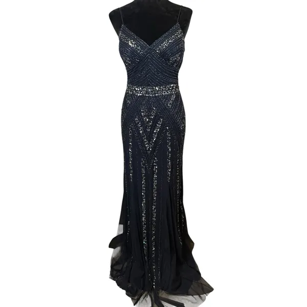 Marina V-Neck Beaded Navy Blue Formal Gown Size 6 Prom Hoco Ball Gala Retail$230 - Image 8