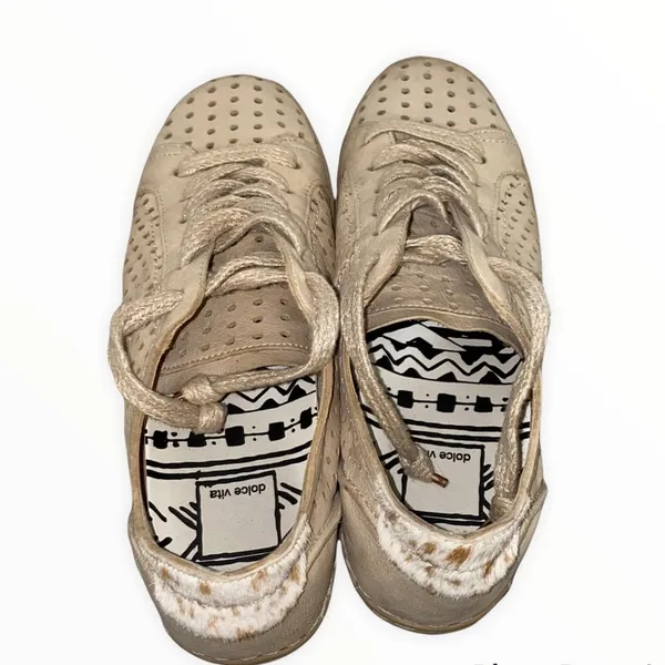 Dolce Vita Beige Perforated Leather Sneakers Calf Hair Heel Lace‎ Up - Image 6