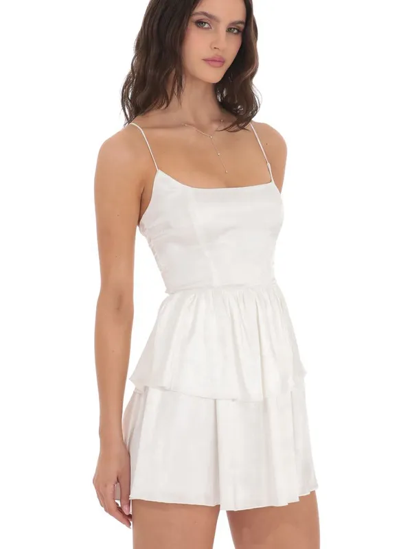 Lucy in the Sky Satin Jaquard Ruffle Mini Dress White Small NWT FLAW - Image 3