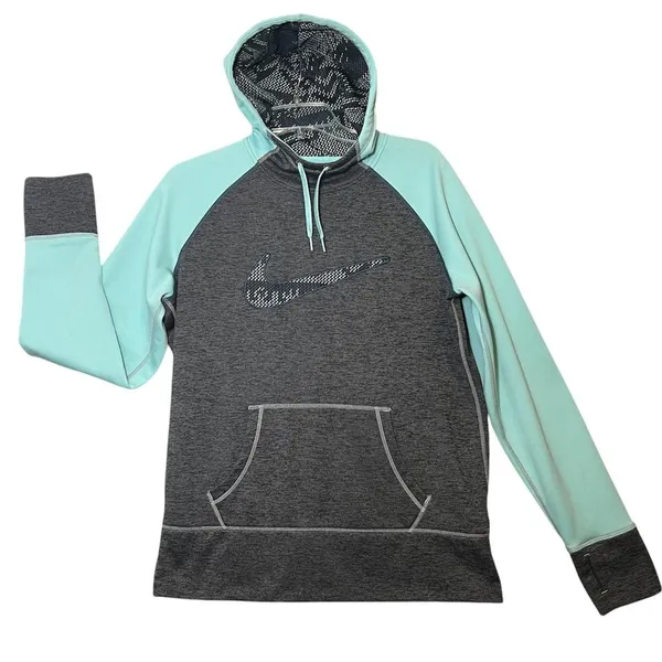 Nike Therma-Fit Hoodie Womens L Gray Mint Fleece Pullover Thumbholes Sweatshirt - Image 11