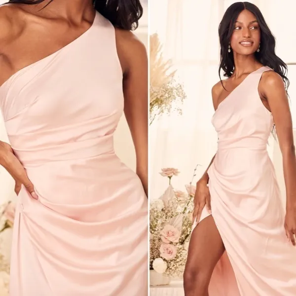 LULU's Prom Wedding Bridesmaid Sexy One Shoulder Satin Thigh Slit Gown - Image 5