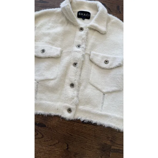 SHACI BLUE Ivory Fuzzy Trucker Sweater Jacket Oversized Distressed S Small 2655 - Image 4