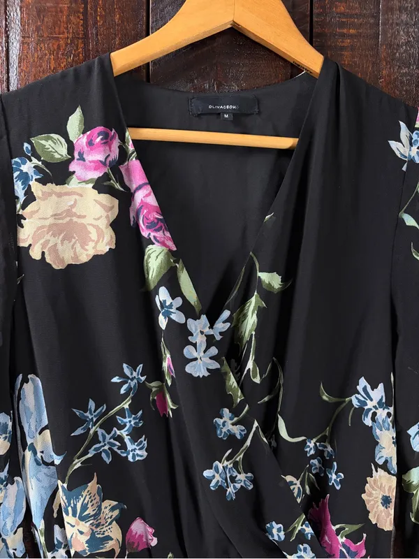 Olivaceous Floral Chiffon V-Neck Kimono Romper - Medium - Image 4