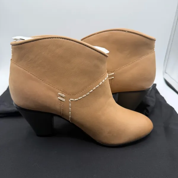 Maje Tan Leather Ankle Boots EU 36 US 5.5 Block Heel Whipstitch Portugal - Image 5
