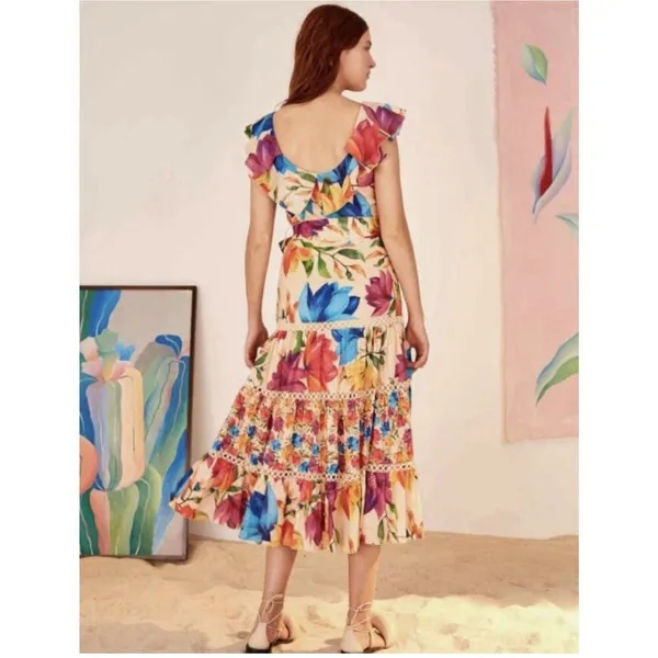 FARM RIO Mary's Garden Frilled Top Midi Size XS - Image 3