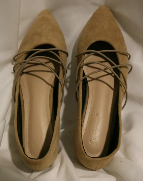 Tan Suede Pointed Toe Flats Ballet Cross Front Straps Strappy Detail - Image 2