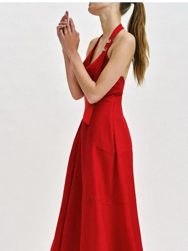 Zara Red Linen Blend Halter Midi Dress Size S Cowl Neck Tortoiseshell Buttons - Image 12