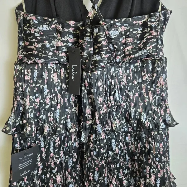 Lulus Quaint Cute Black Floral Pleated Tiered Mini Dress Lined XL New - Image 10