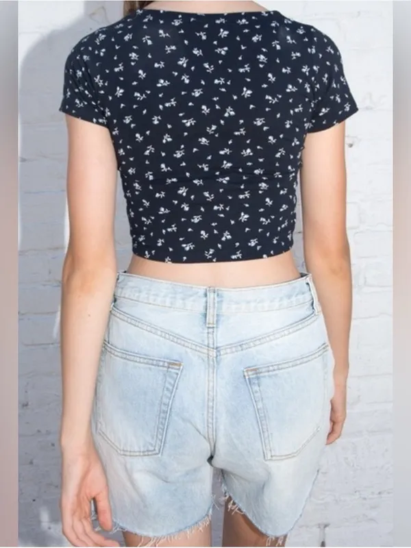 Brandy Melville Navy Floral Crop Top - Image 2