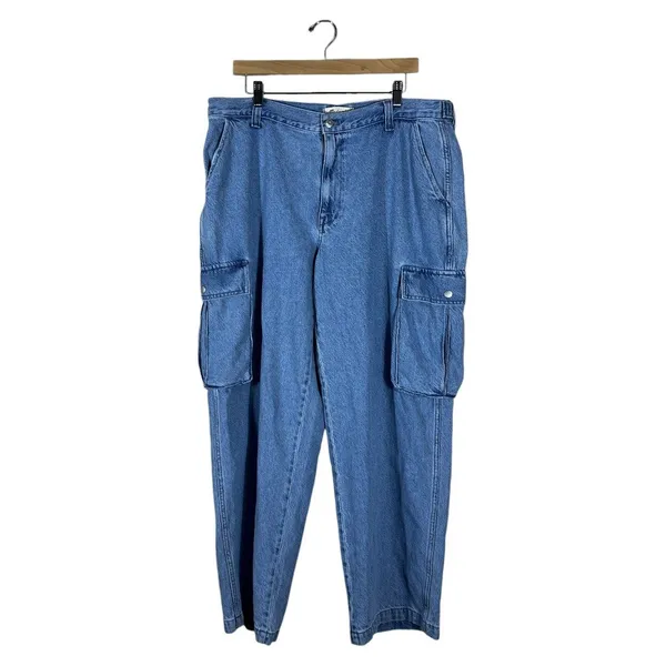 NWT Madewell Low-Slung Cargo Solid Denim Pants Blue 90s Wide Leg NK883 Size 32 - Image 2