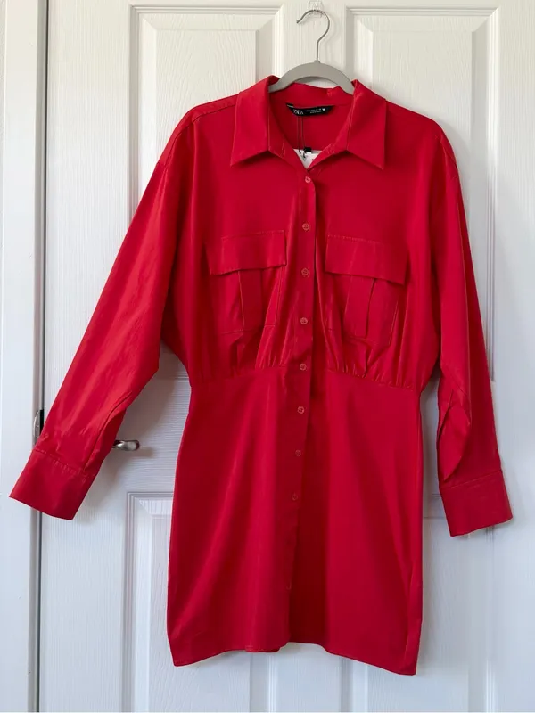 Zara Red Poplin Mini Shirt Dress with Long Sleeves NWT - Image 3