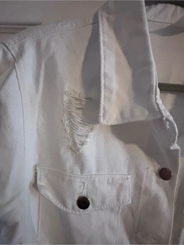 White Distressed Long Denim Jacket - Women's - Image 2