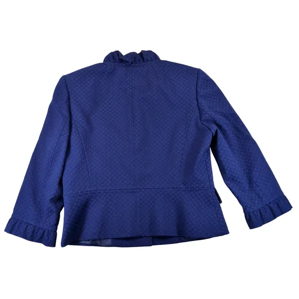 Vintage Tahari Levine Womens Blue Textured Ruffle Neck Button Blazer Jacket 10 - Image 2