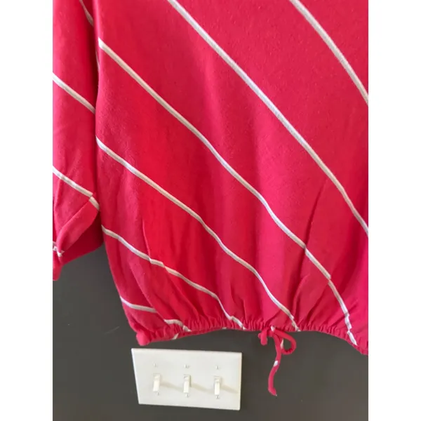 Ivory Pink White‎ Diagonal Stripe Crop Top Drawstring Hem Large Elbow Sleeve - Image 3