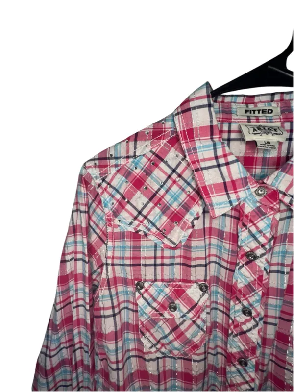 Ariat Fitted Pink White And Blue Fitted Plaid Western Snap Shirt W/Rhinestones - Image 4