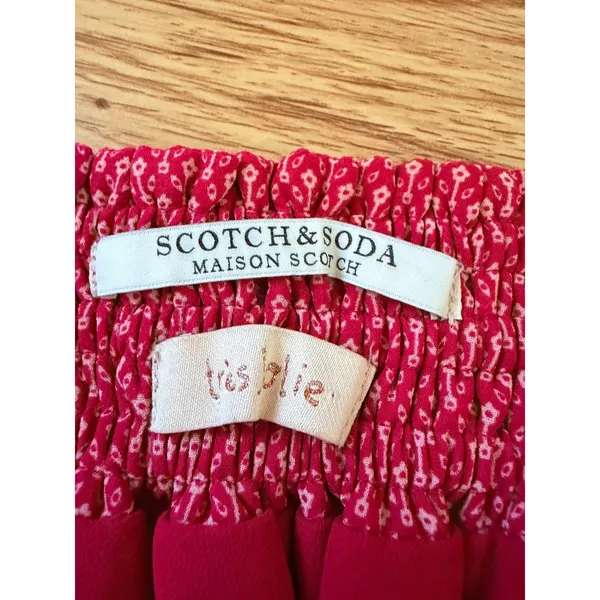 Maison Scotch Tiered Ruffle Mini Skirt Smocked Red Print Size 2 - Image 4