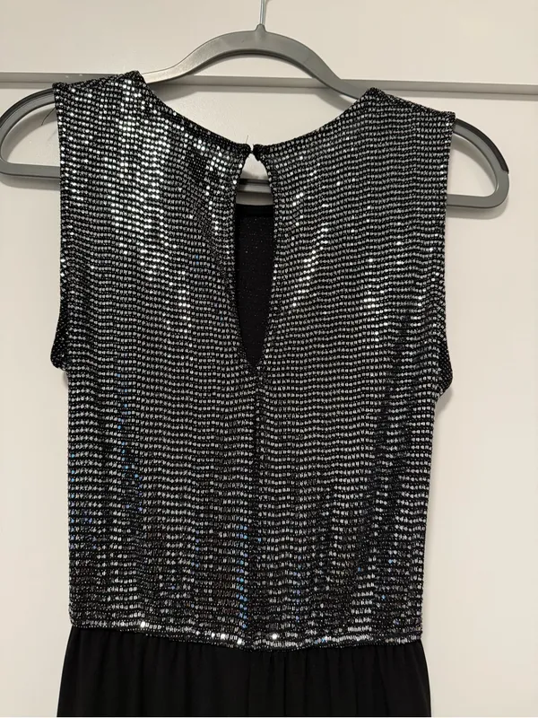 Black Sequin Bodice Evening Capri Jumpsuit with Waist Tie - Image 10