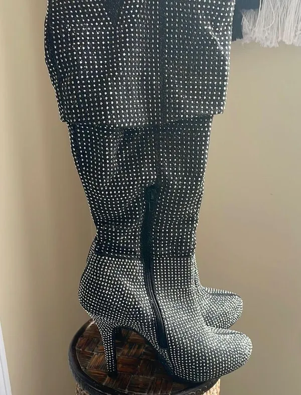 Black and Silver Studded Heeled Boots with Modern Design Size 7.5 - Image 3