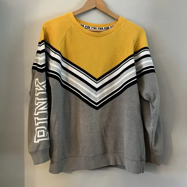 Victoria's Secret Pink Black Yellow Sparkly ‎ Striped Pullover Sweatshirt (S) - Image 2