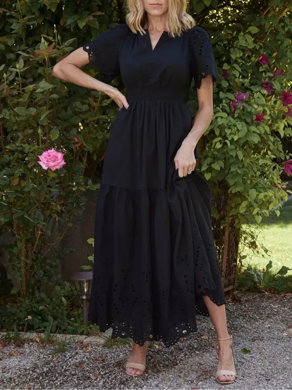 Baltic Born Annette Eyelet Tiered Midi Maxi Dress Black Sz L Puff Sleeve Cottage - Image 6