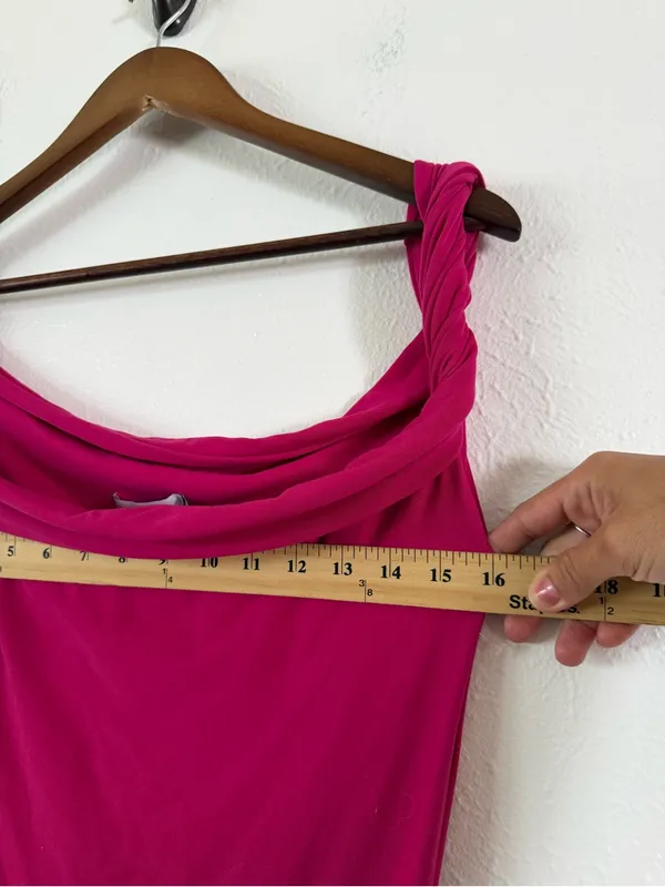 Club L London Dress US 8 Hot Pink Cowl Neck Twist Strap Bodycon Midi Stretch - Image 3