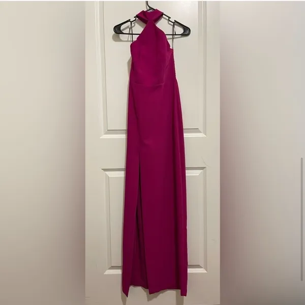 Amanda Uprichard | S | Queen Halterneck Side Seam Split Maxi Gown‎ in Magenta - Image 4