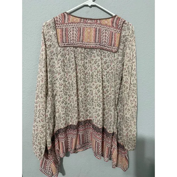 Free People Blouse S Floral Metallic Tassel Peasant Blouse Pink Cream Cottage - Image 5