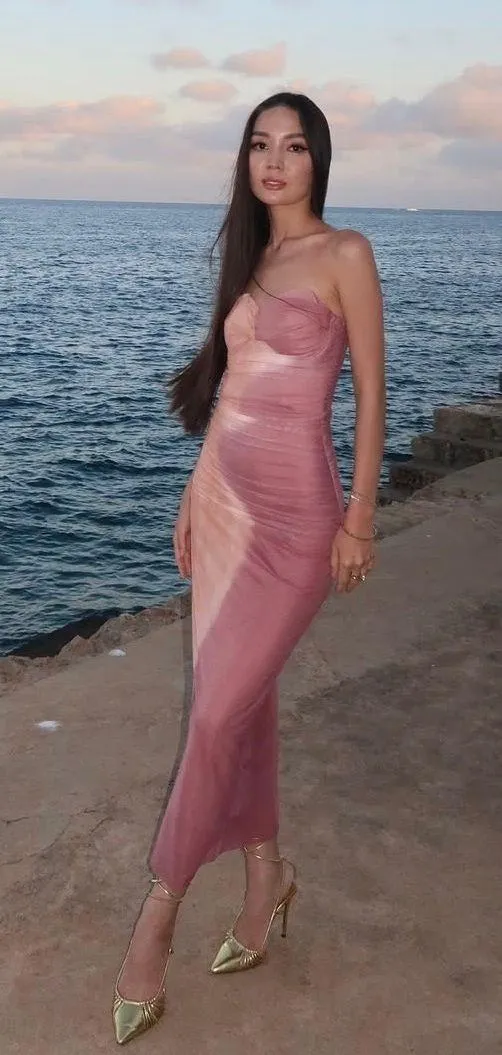 dress maxi midi corset fitted bodycon mesh mauve beige wedding party - Image 2
