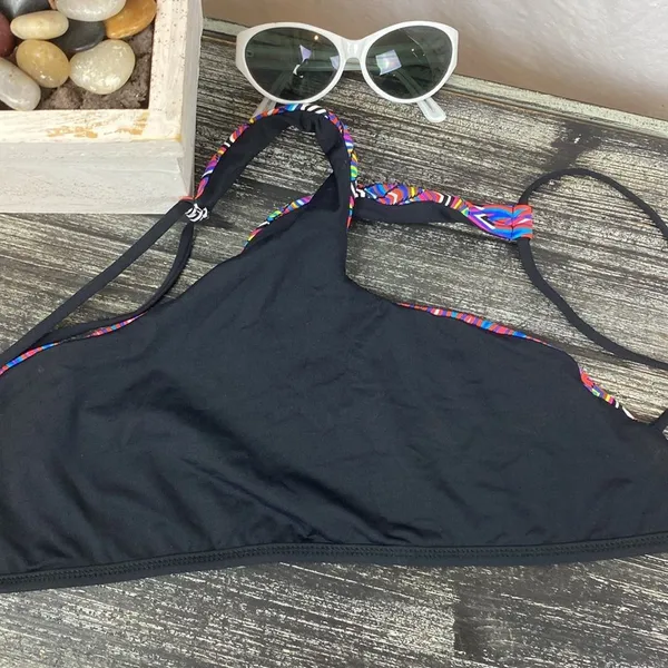 L*Space Black Multi Print Halter Bathing Swim Suit Bikini Top L - Image 5