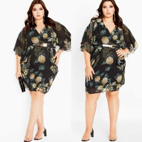 City Chic Ultra Glam Golden Hydrangea Floral Print Wrap Dress Size M/ 18 - Image 8
