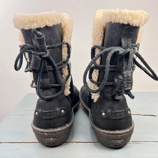 UGG Simmens Black Leather Shearling Lined Winter Boots 1007760 Womens 8 - Image 5