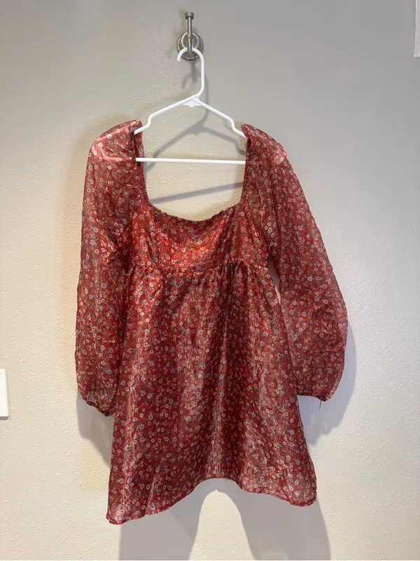 Altar’d State Romantic Rust Floral Sheer Puff Sleeve Mini Dress - Size Small - Image 2