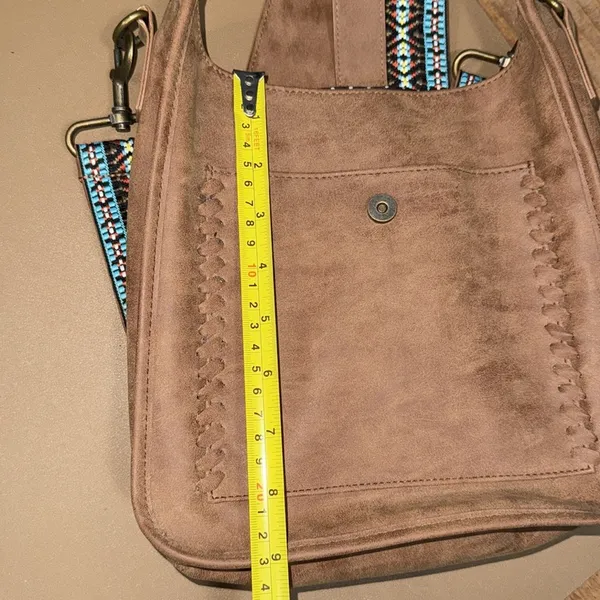 Crossbody purse with removable strap snap closure pocket brown black interior - Image 11