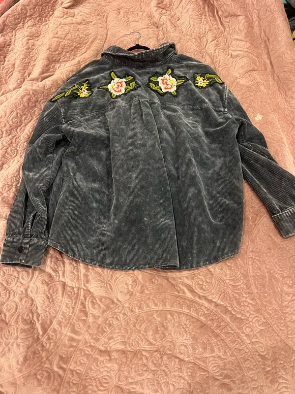 Tribal Jeans Charcoal Corduroy Shirt Jacket with Embroidered Flowers - Image 2