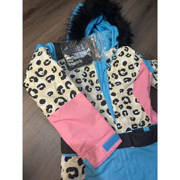 Tipsy Elves Ski Snow Suit Women's Size XS Snow Leopard Pink Blue Faux Fur Read - Image 6