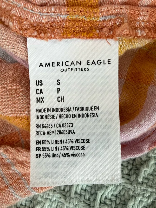 American Eagle Linen Blend Button Down Shirt Womens Small Orange Pink Plaid Boxy - Image 5