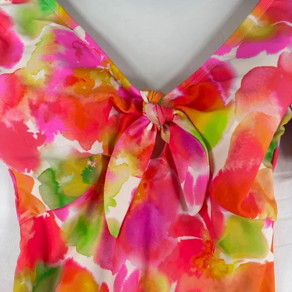 Shade & Shore Watercolor Floral Tie Front One Piece‎ Swimsuit High Leg Cheeky M - Image 9