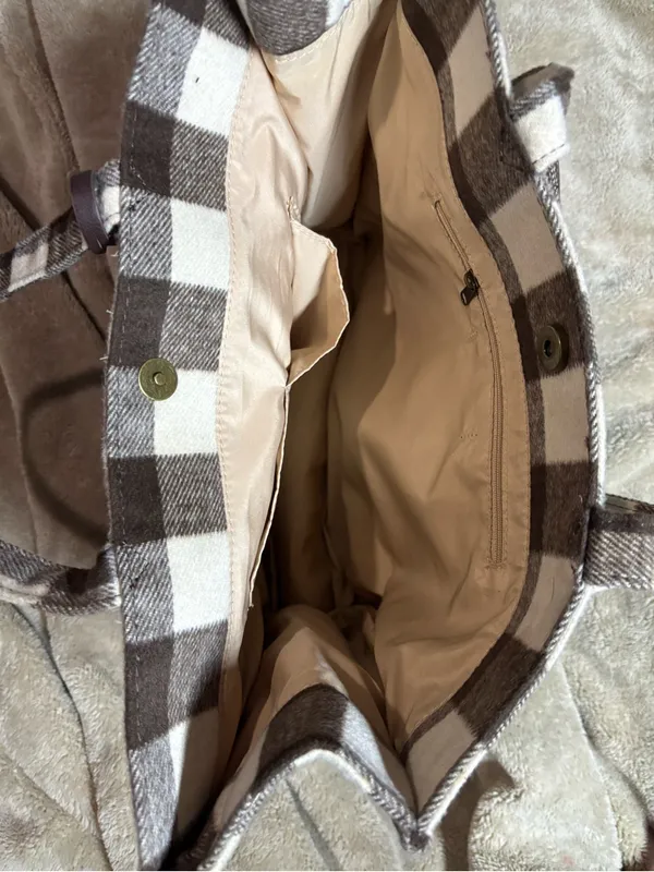 Brown Cream Buffalo Plaid Check Tote Bag Tassel Shoulder Handbag - Image 4