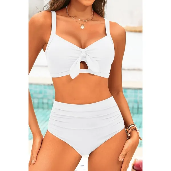 Tempt Me Two Piece LARGE White Swimsuit High Waisted Bikini Ruched Swimwear - Image 3