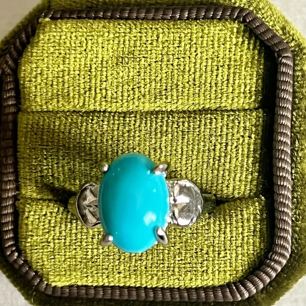 Turquoise and White Topaz Titanium Steel Silver Band Size 8 - Image 2