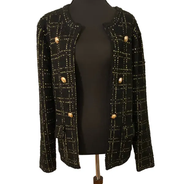 NWT Sioni Bouclé Knit Cardigan Jacket Black Gold Plaid Buttons Med Old Money - Image 2