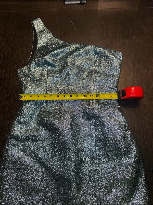 Modern Dream Teal Metallic Jacquard One-Shoulder Mini Party Dress - Image 4