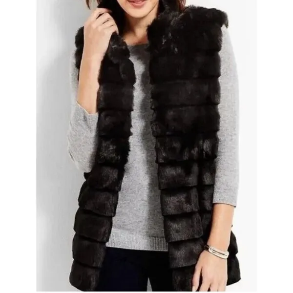 Talbots Black Faux Fur Ribbed Open Front Vest Women's size Small - Image 12