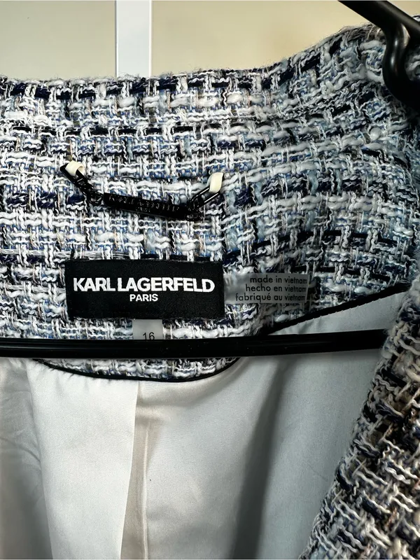 S59. Karl Lagerfeld Women's Blue-White Tweed Blazer Jacket - Image 2