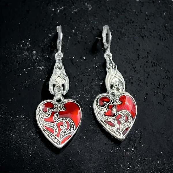 1 Pair Gothic Bat Heart Love Shape Pendant Round Buckle‎ Silver Plated Earrings - Image 5