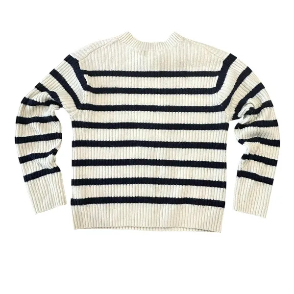 H&M Striped Rib Knit Sweater Coastal Cream Navy Blue Crewneck Small - Image 4