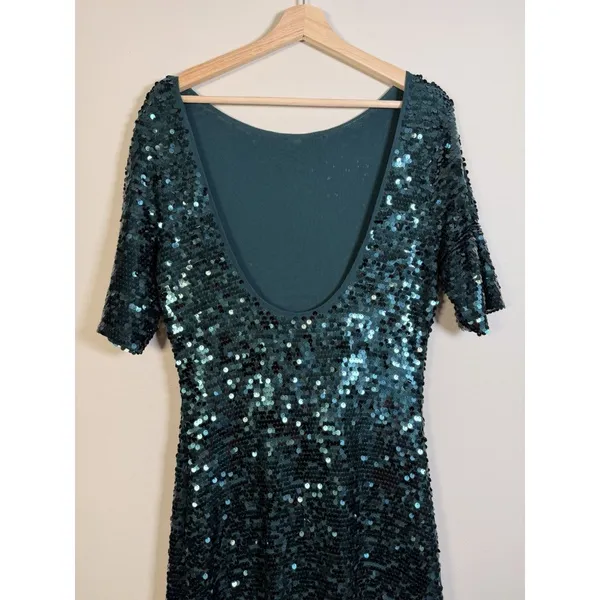 BCBGMAXAZRIA All Over Sequin Gown Jade Green Showgirl‎ Maxi Dress Formal Stretch - Image 5