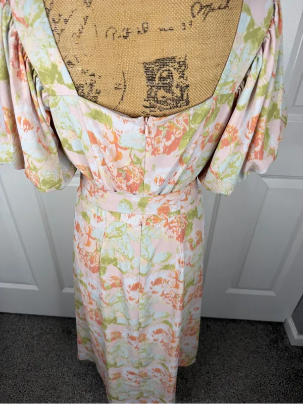 Gibson Latimer Floral Puff Sleeve Midi Dress Belted Size L - Image 8